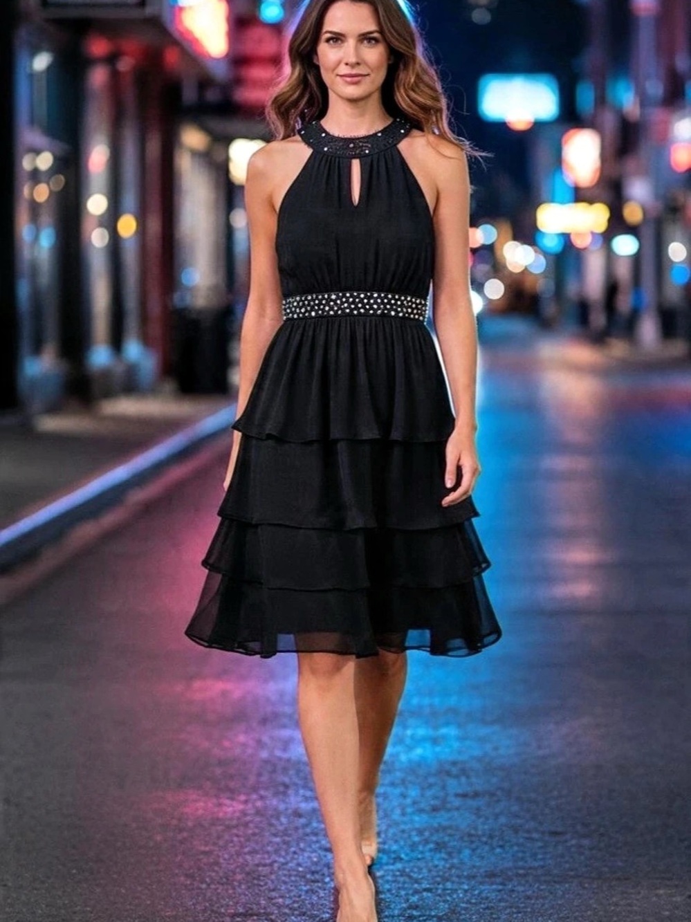 Jessica Howard Black Sleeveless Tiered Dress Size 16